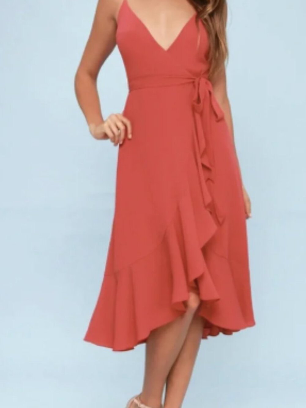 Like New Lulus Manhattan Moment Berry Pink Ruffled Midi Wrap Dress Size L